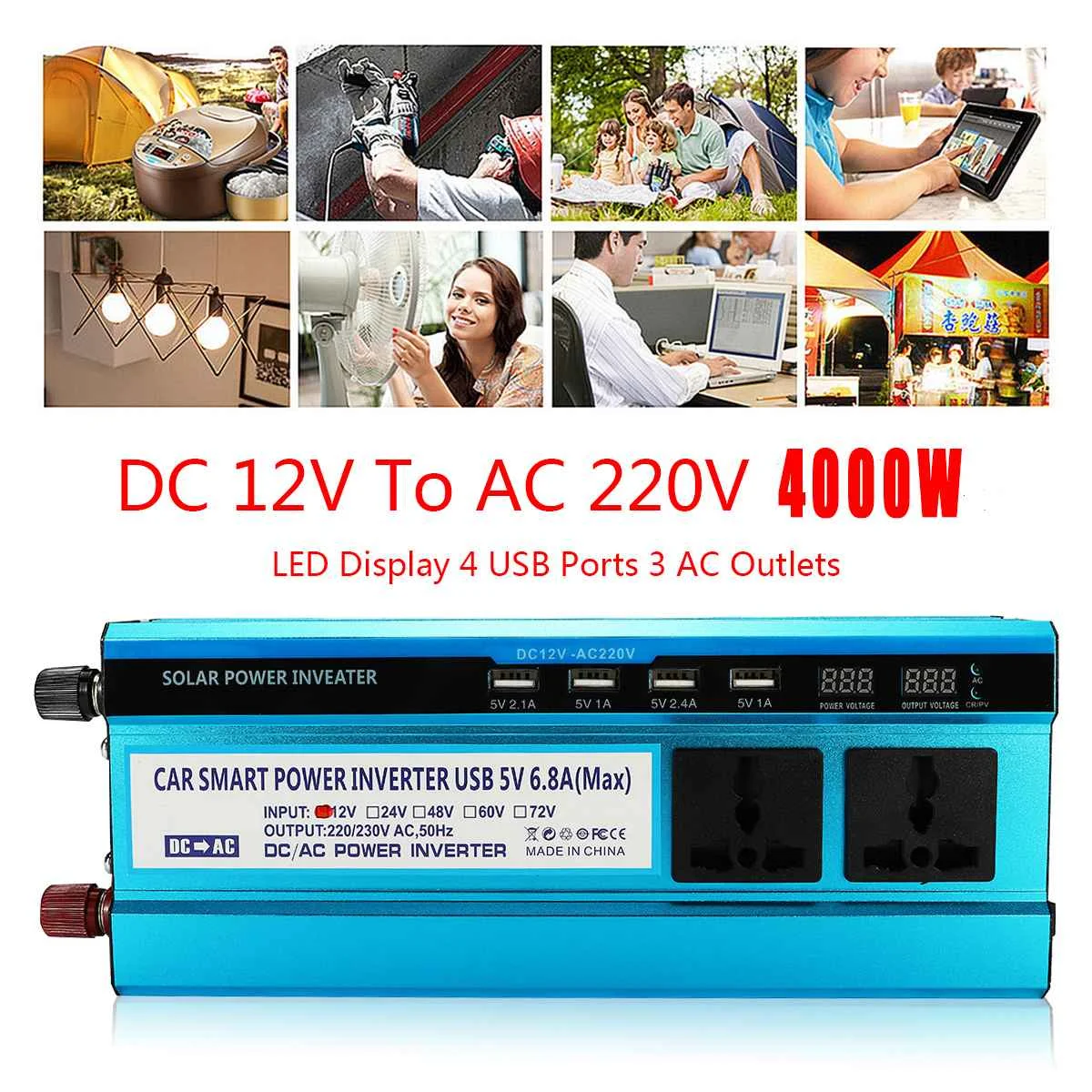

Car LCD Solar Power Inverter DC 12/ 24V to AC 220V Modified Sine Wave P eak 4000W USB Converter Dual Screens Lower Noise