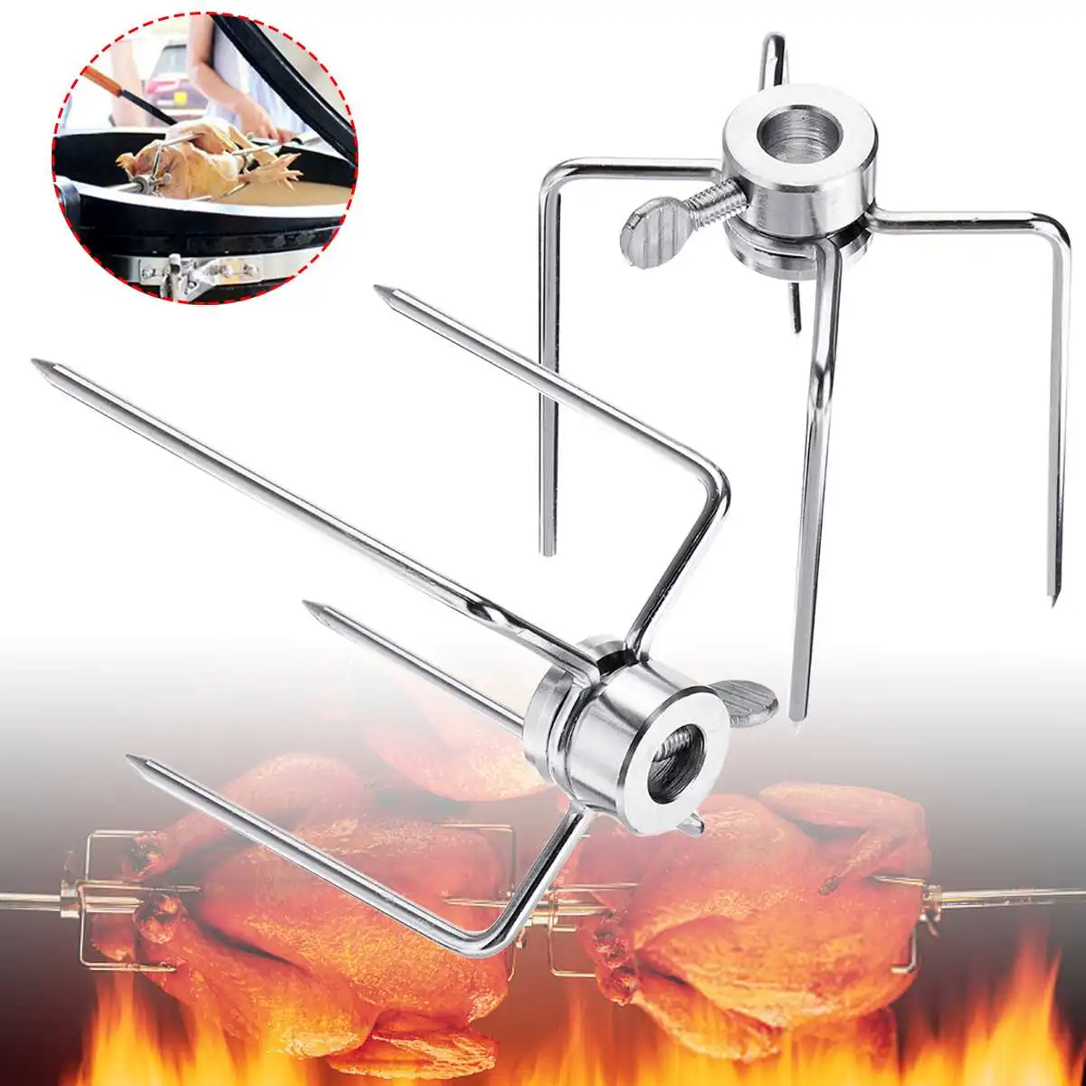 

2Pcs Rotisserie Meat Forks BBQ Tools Clamp Grill Meatpicks Stainless Steel Barbecue Skewer With Locking Screw Quick Adjustments