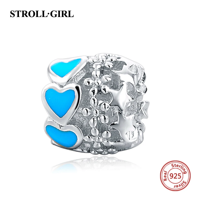 

925 silver hollow beads charms with blue love heart enamel fit original European bracelets diy fashion jewelry for women gift