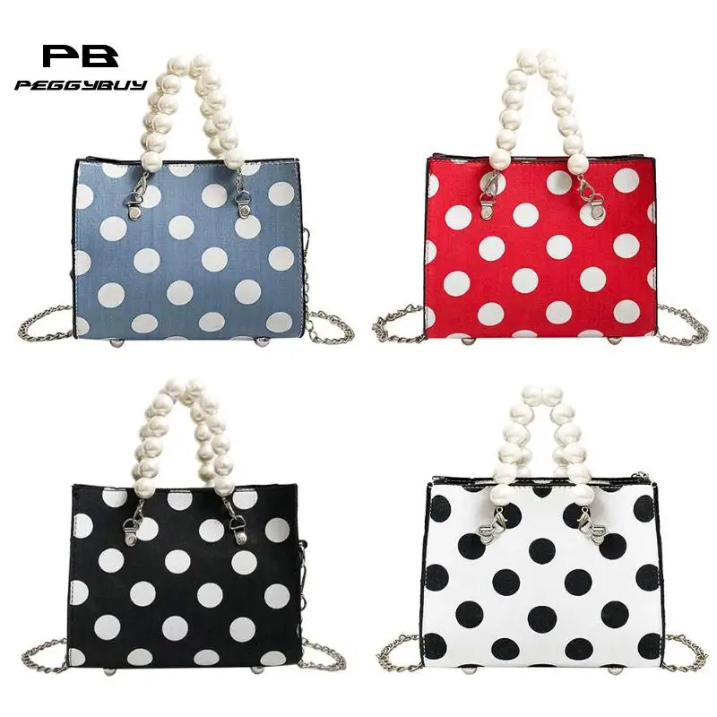 

Pearls Top-Handle Bags Women Leather Dots Messenger Shoulder Chain Handbags
