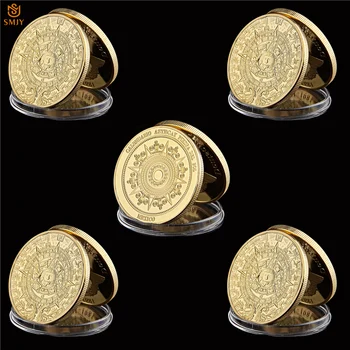 

5PCS/Lot Euro Ancient Culture Mexican Mayan Calendar Predicts Prophet Gold Plated Metal Commemorative Coins Collectibles
