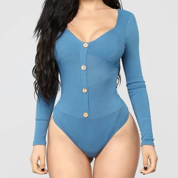 

hirigin Women V Neck Backless Long Sleeve Bodycon Button Knit Bodysuit Romper Leotard Casual 3 Colors Jumpsuit