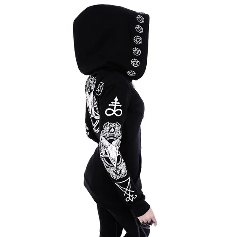  Rosetic Black Hoodie Sweatshirt Women Plus Size Coat Punk Gothic Print Hooded Hipster Streetwear Bi