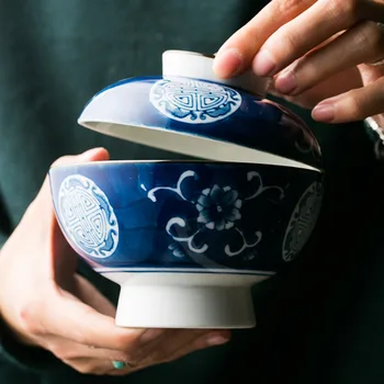 

Chinese creative tableware hand painted ceramic bowl with lid rice soup noodle household stew cup cover dinnerware