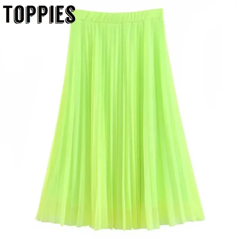 

New Green Pleated Skirts Womens High Waist Knee Length Tulle Skirt Korean Streetwear faldas mujer moda 2019