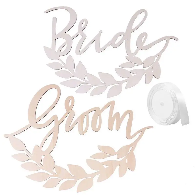 

2pcs Wooden Bride Groom Chair Signs with Wheat Wedding Chair Hanging Decorations