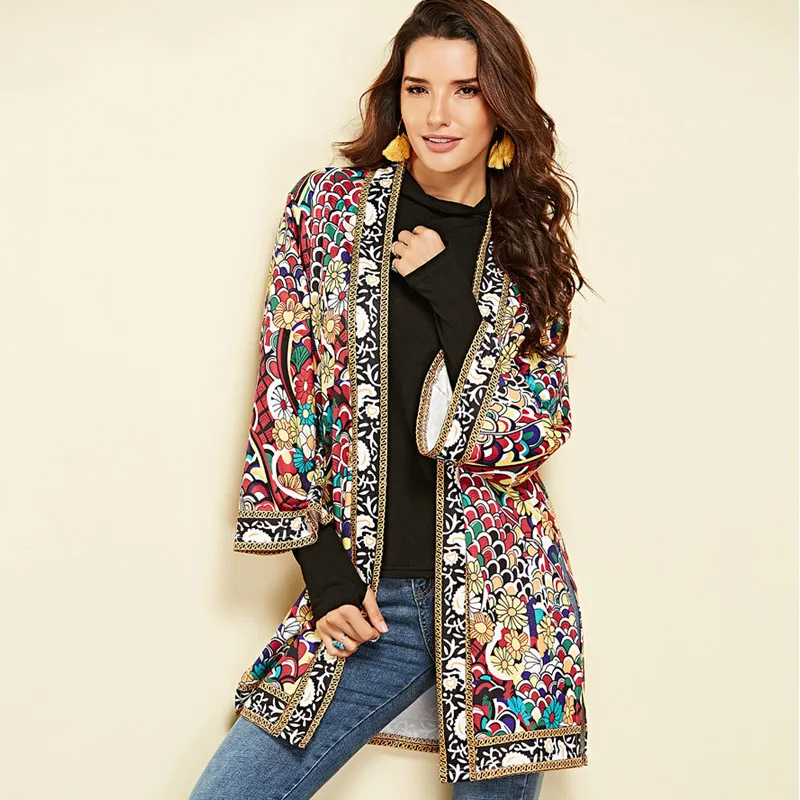 

[EWQ] Spring Summer Of 2019 New Styel Print Asymmetrical V-collar Three Quarter Sleeve Cardigan Indie Folk Coat Women AD47009XL