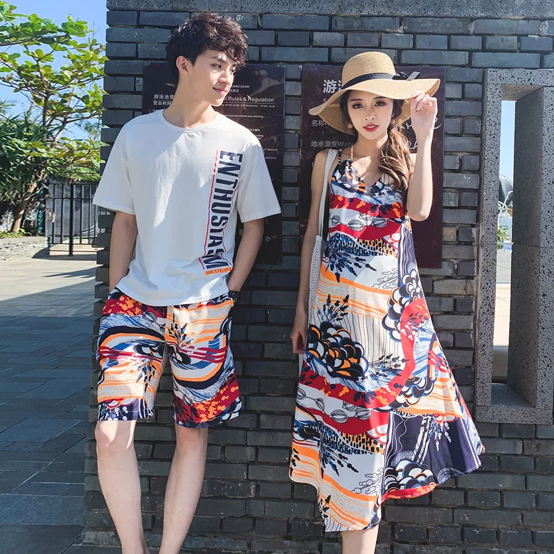 

couple clothes for him and her matching lovers honeymoon date beach casual holiday wear bohemian floral print long maxi dress