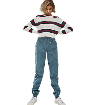 

Women Solid Color Corduroy Drawstring Elastic Waist Jogger Pants Ladies Casual Slim Feet Pants Trousers
