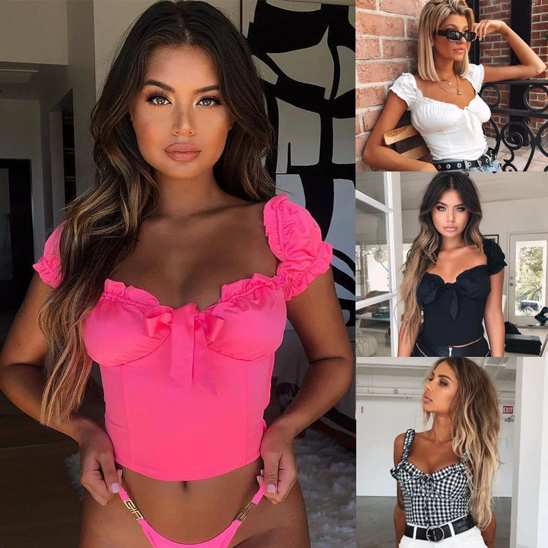 

Women fashion summer V neck casual solid short puff sleeve crop tops ladies sexy bow slim T-shirt beach party wear
