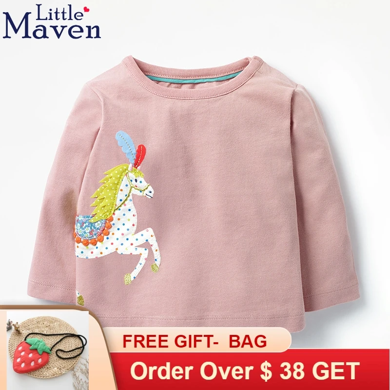 

2018 Little maven Girls Tops 100% cotton causal pink girl t shirt with horse patch round neck long sleeve clothes