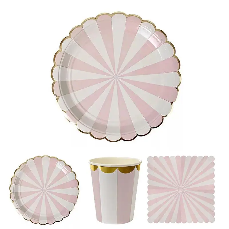 

Party Decorations Tableware Set Gold Blocking Pink Striped Paper Tray Paper Cup Dinner Plates Cups Napkins Kit