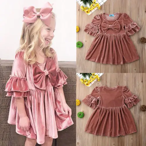 

Toddler Newborn Kids Baby Girls Ruffled Velvet Bow Dress Party Pageant Princess Formal Gown Dresses Cute Clothes 1-6Y
