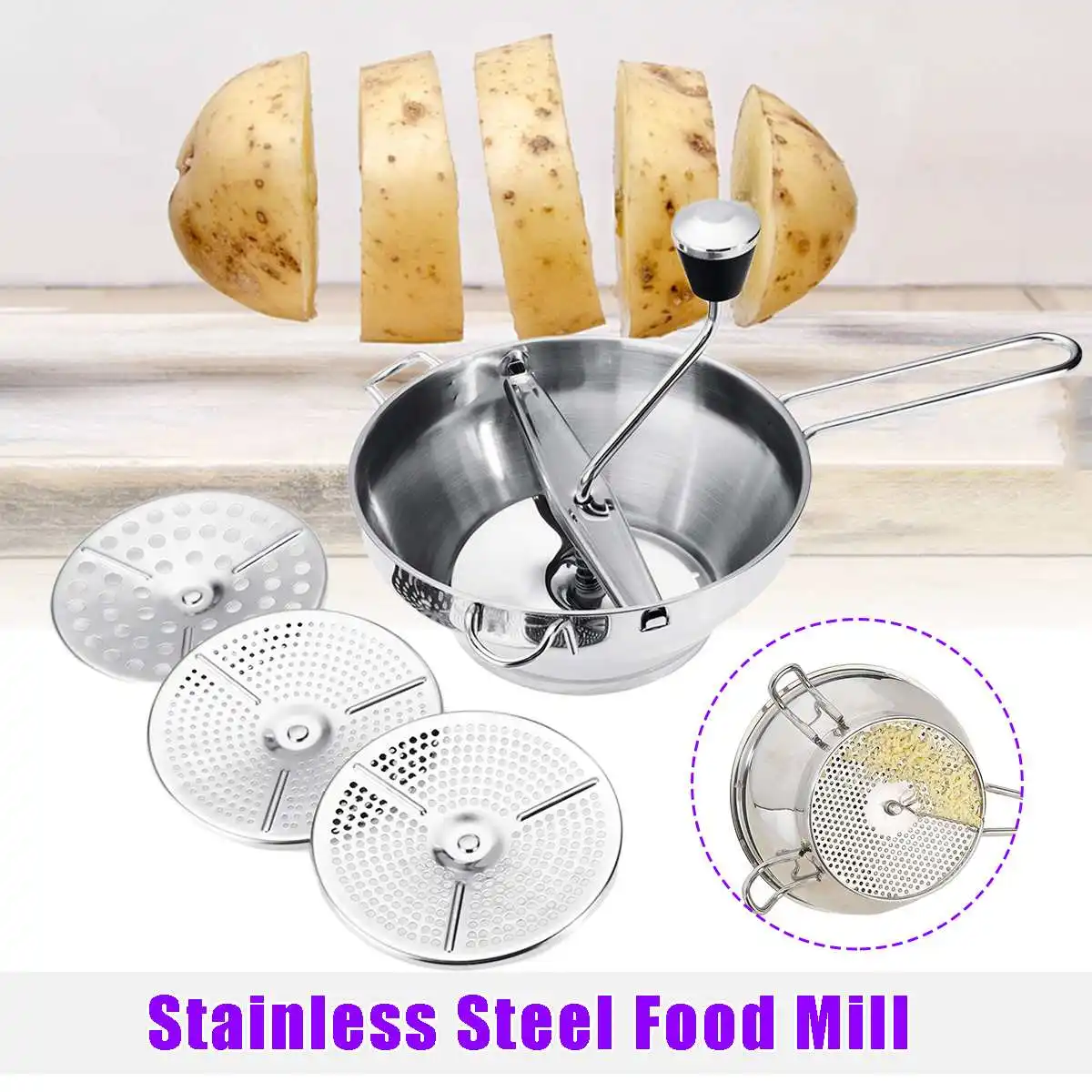 

Food Mill Metal Vegetable/Carrot/Tomato/Potato/Rice Mixer Maker Stainless Steel Film can be Exchanged 19x20x30cm Kitchen Tools