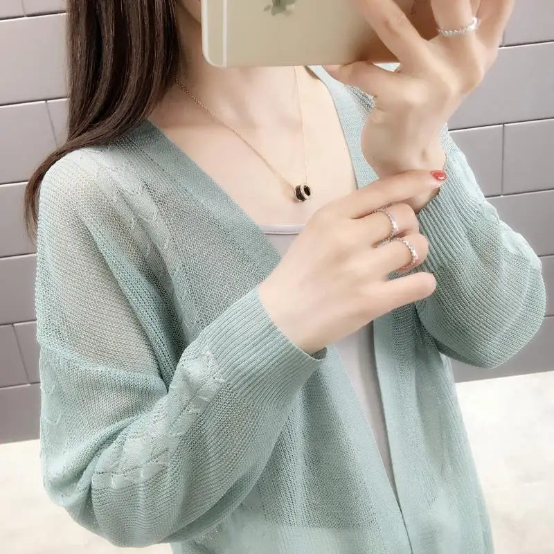 2019 Summer Thin Cardigan Sunscreen Air Conditioning Long Sleeves Shirt V-neck Ice Silk Women Cardigan Jacket