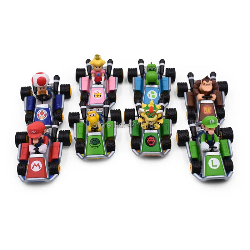 8 set/lot Anime Super Mario Bros Figures Car Hot Toys Toad Luigi Yoshi Dinosaurs Donkey Kong PVC Action Dolls Collectible Model