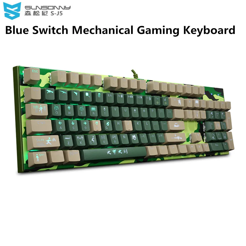 

SUNSONNY S-J5 Camouflage Wired Mechanical Gaming Keyboard Blue Switch LED Backlight 104 Keys USB 2.0 For PUBG Dota LOL