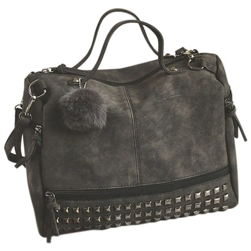 

FGGS Vintage PU leather Ladies Handbags Rivet Larger Women Bags Hair Ball Shoulder Bag Motorcycle Messenger Bag Top-Handle Bag