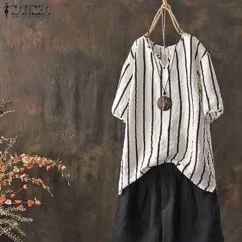 

Summer Tops 2020 ZANZEA WomenVintage Striped Shirts Female Casual Short Sleeve V Neck Blouse Baggy Loose Femininas Blusas Robe