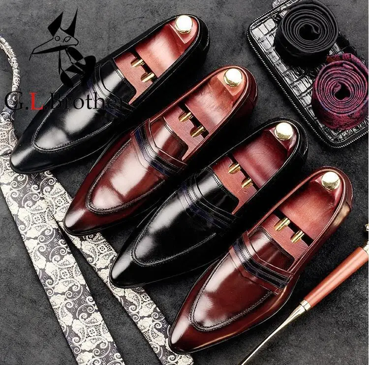 

Genuine Leather Men's Dress Shoes Slip-On Pointed Toes Patchwork Male Flats Loafers Striped Moccasin Gommino Spring Casual Shoes