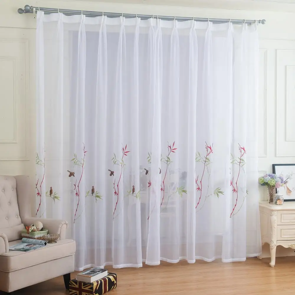 

A panel Fine embroidery line birds white Sheer Voile Window Curtain Custom eyelet hooks home
