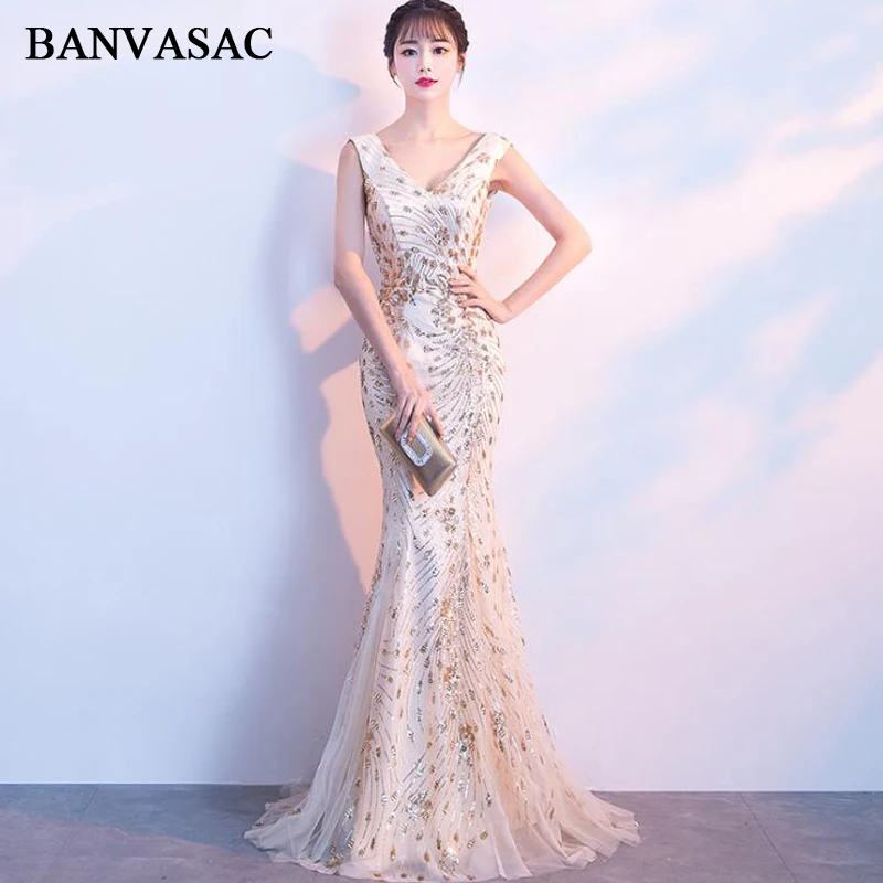 

BANVASAC Sexy Deep V Neck Tulle Mermaid Long Evening Dresses Elegant Party Sequined Lace Up Backless Prom Gowns