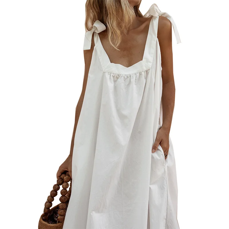 

Summer Sexy Long Dress Women Sleeveless Bow Strap Party Dresses Solid Vintage Casual Loose Holiday Vestido