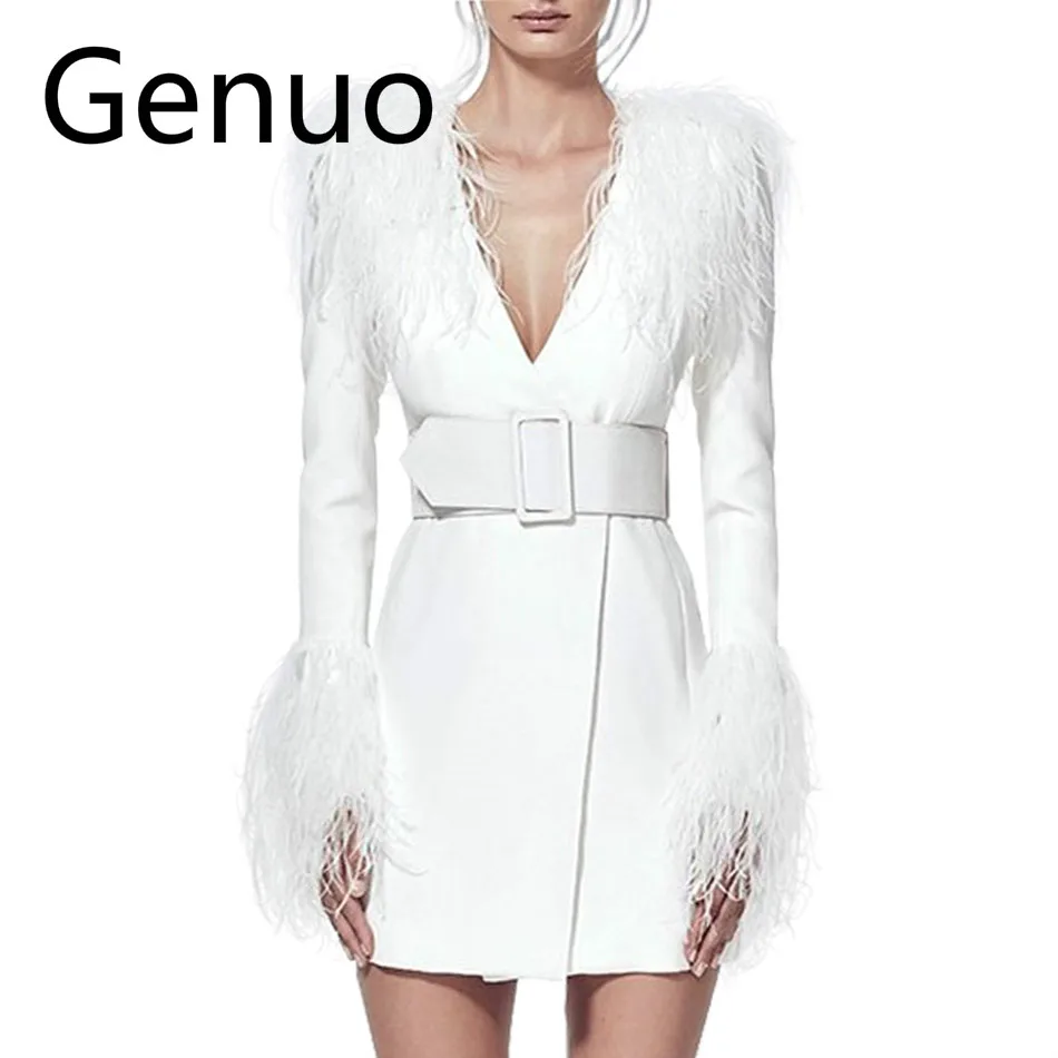 

Newest Summer Celebrity Party Women Dress White Long Sleeve Feathers V-Neck Sexy Elegant Night Out Dress Women Bodycon Vestidos