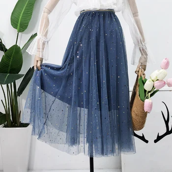 

Fashion 2019 Ladies Sequined Mesh Skirt Casual A-line Loose Skirt Solid Mid-calf Women Skirts Kawaii Sweet Skirt