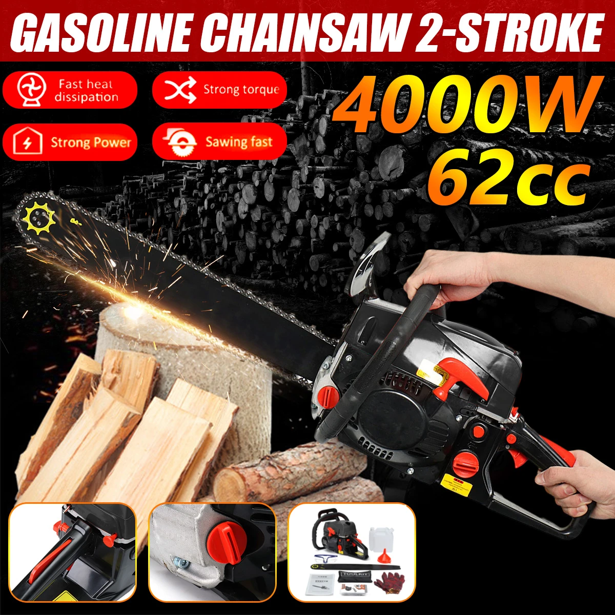Professional Chainsaw 20 inch 4000W Bar Gas Gasoline Powered Chainsaw