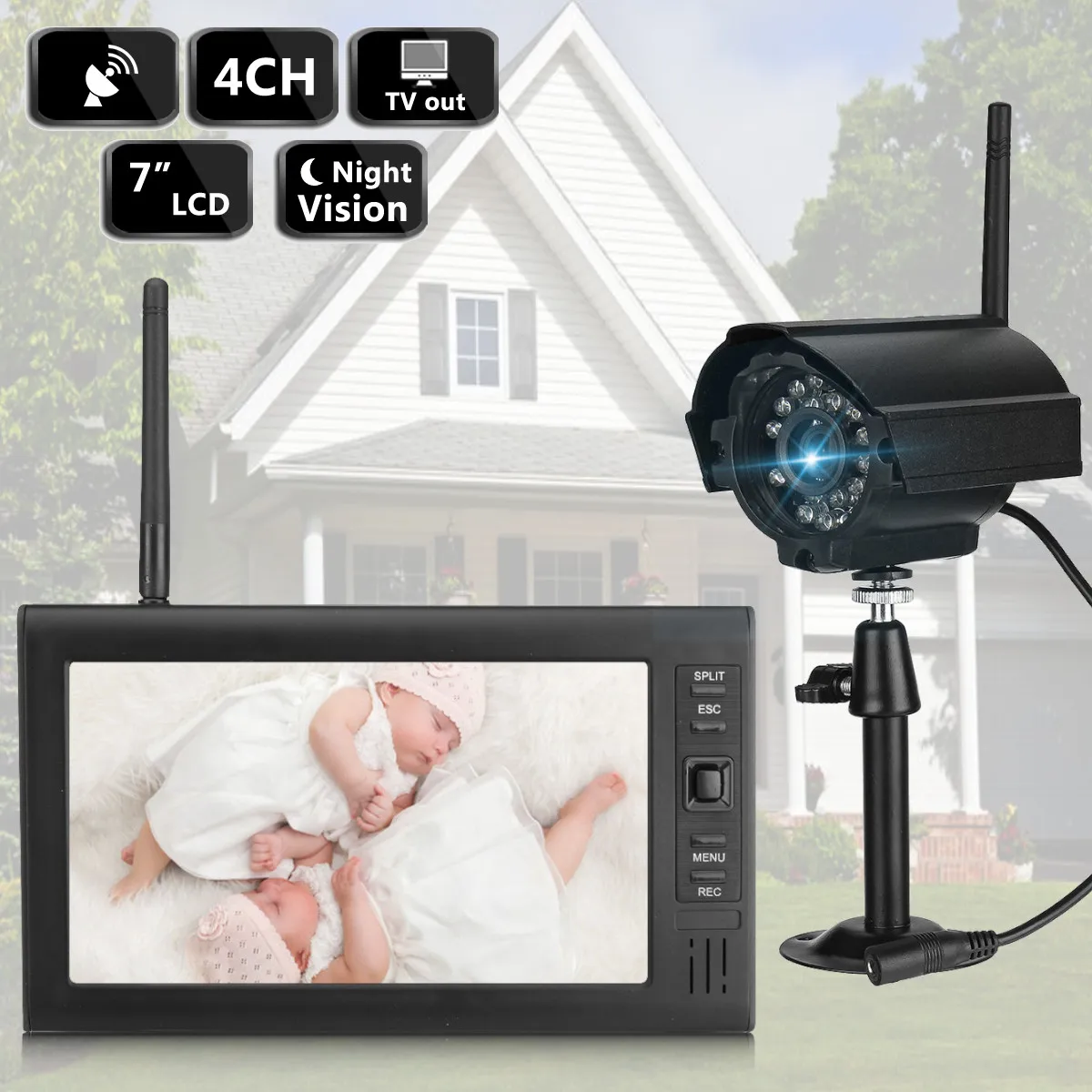 

7" LCD Monitor + Wireless CCTV DVR Camera Motion Detect Security System UK Plug