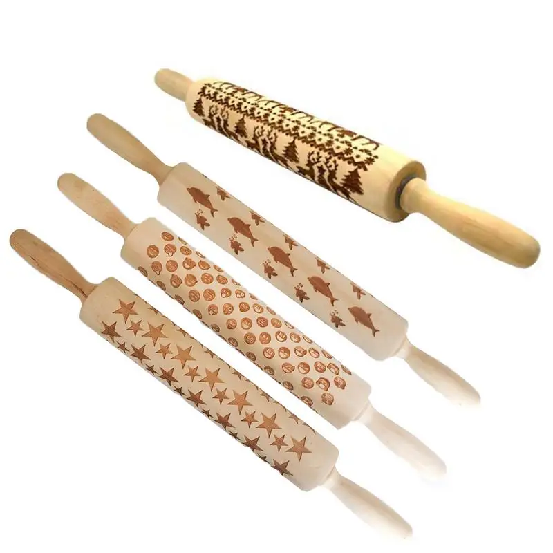 Christmas Embossing Rolling Pin Baking Cookies Biscuit Fondant Cake
