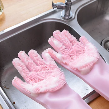 

A Pair Magic Silicone Scrubber Rubber Cleaning Gloves Dusting|Dish Washing|Pet Care Grooming Hair Car|Insulated Kitchen Helper