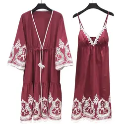 2019 Для женщин халат и платье наборы цветок 100% хлопок пижамы женский кружева женский халат комплект Шелковый сна домашний халат элегантная