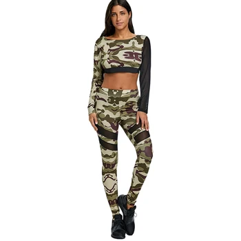 

Rosegal 2019 Women Set Trendy Round Collar Long Sleeve Camouflage Mesh Spliced Women Crop Top with Pants On Sale