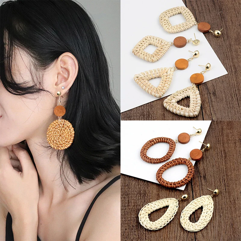 

Earrings Drop Earrings Fashion Bohemian Summer Geometric Wedding Women Holiday Rattan Dangle Wooden Square Straw Weave Circle