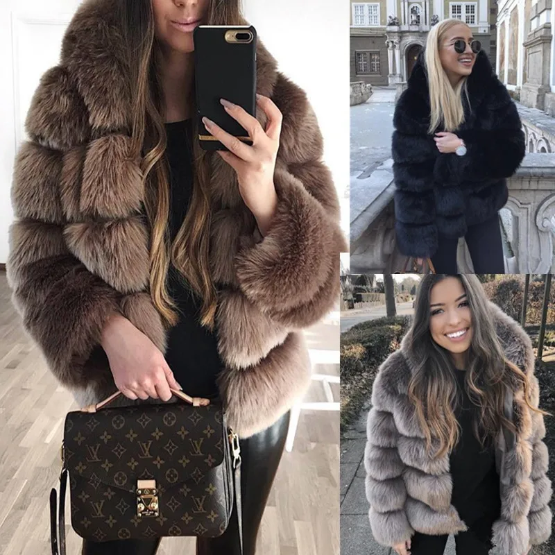 JRNNORV 2018 New Winter Coat Women Faux Fox Fur Coat Plus Size Women Stand Collar Long Sleeve Faux Fur Winter Outerwear BA0566