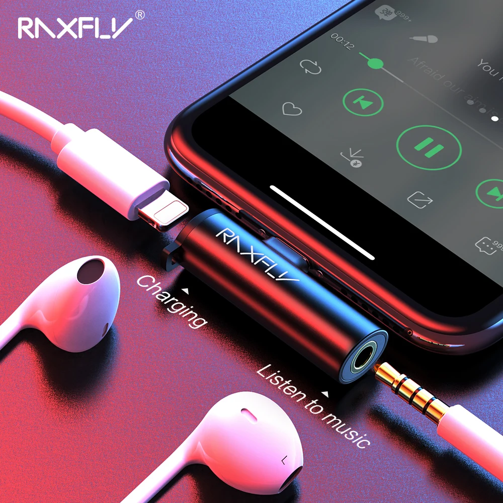 

RAXFLY 2 in 1 Audio Adapter For iPhone X XS Max XR 7 8 Plus Splitter Converter To 3.5mm Earphone Headphone Connector Charger