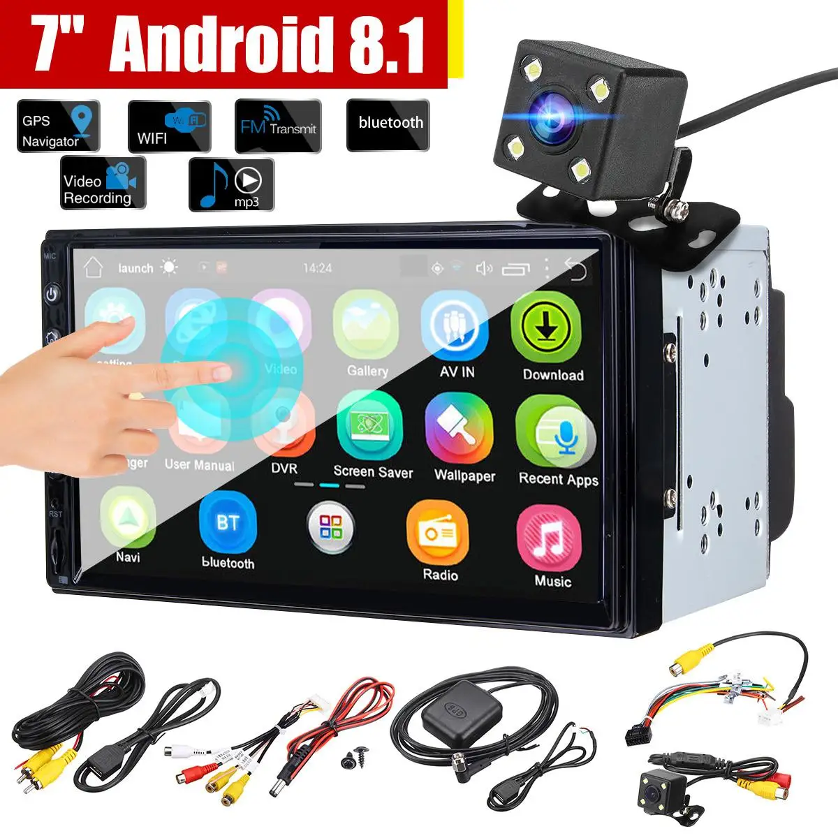 

7 Inch 1024x600 Android 8.1 Double Din Car Stereo Radio Car GPS Navigation bluetooth MP5 FM USB WIFI + Camera Kit