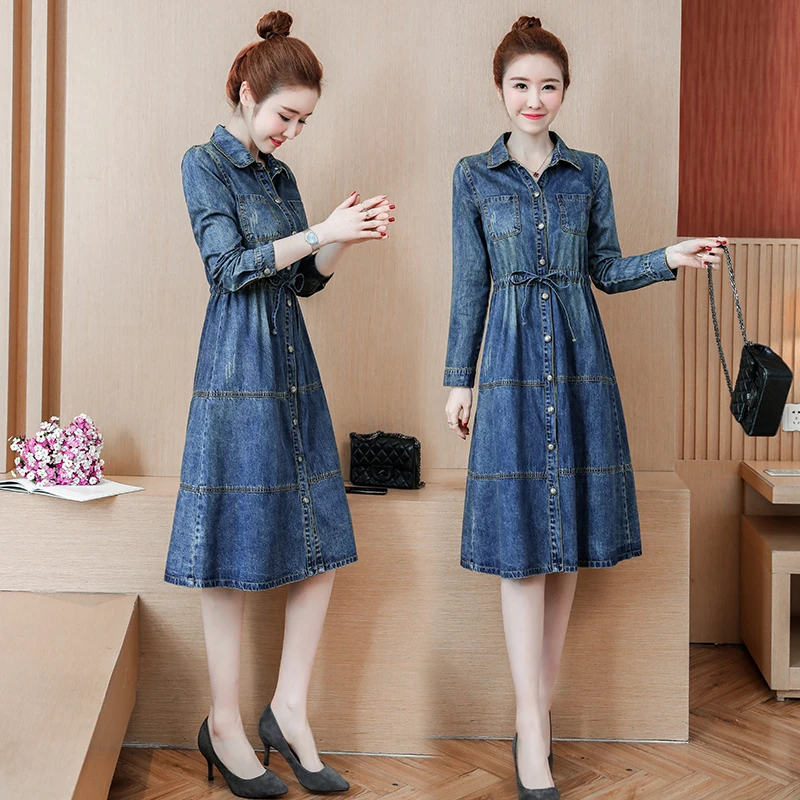 

2019 spring women's fashion leisure new loose long-sleeved denim dresses female vintage Single-breasted long slit denim dress