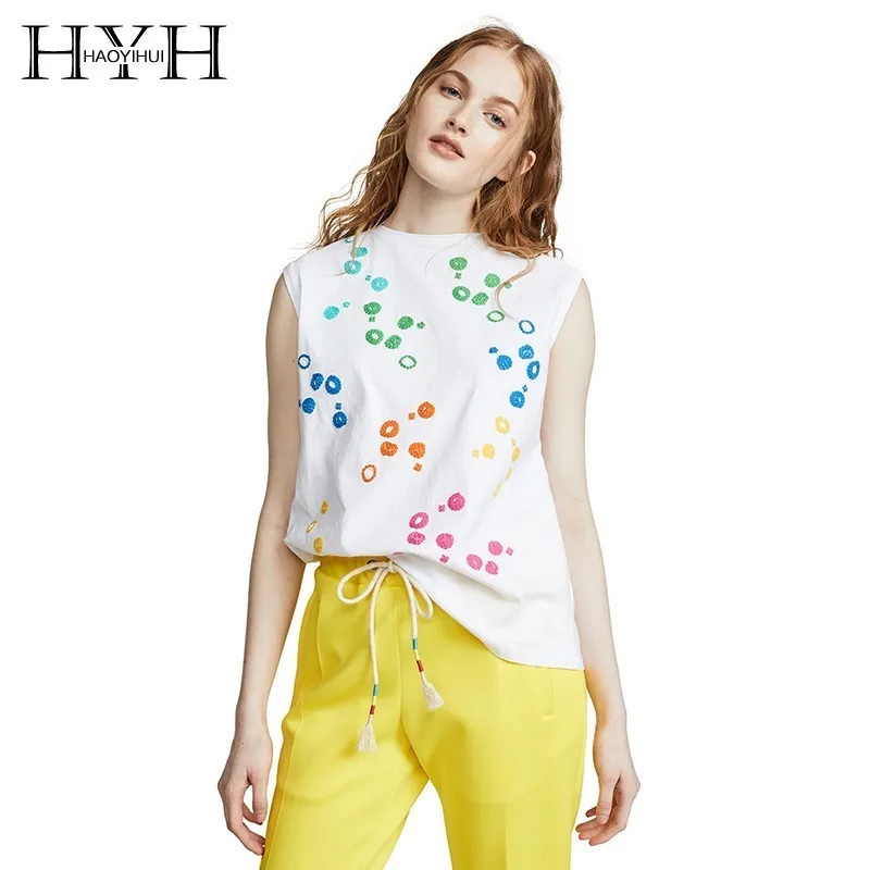 HYH Haoyihui Street Style Simple Fashion Basic Section Sexy Sleeveless Tops Multicolored Wave Point Embroidered T-shirt | Женская одежда