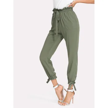

2019 Elegant Women Harem Pants Solid Lace Up Pockets Female Trousers Ruffles Casual Ladies Elastic High Waist Pencil Pants