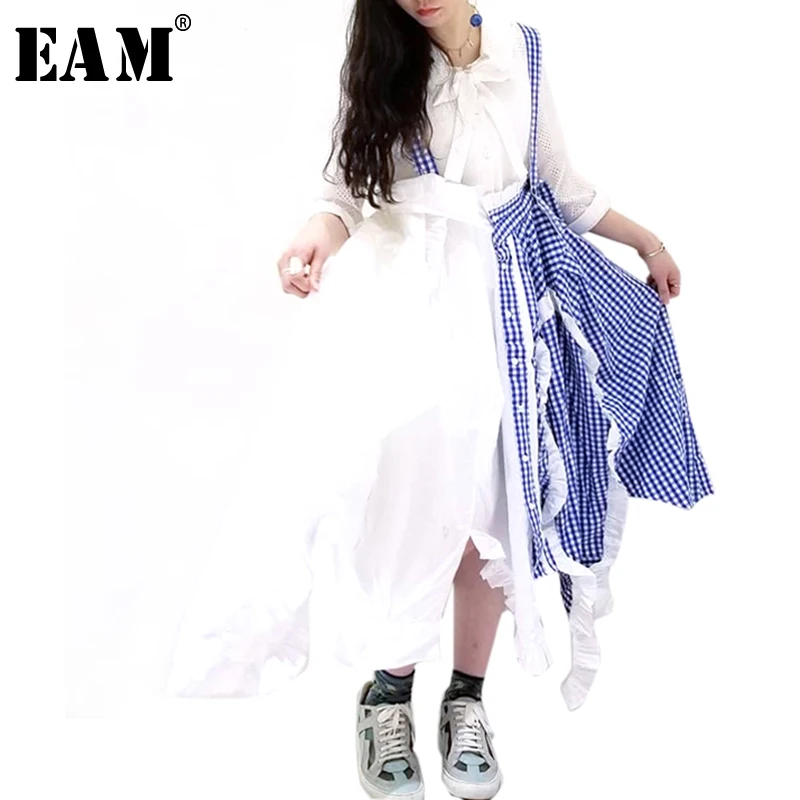 

[EAM] 2019 New Spring Summer High Waist Blue Plaid Irregular Split Joint Ruffles Strap Half-body Skirt Women Fashion Tide JU101