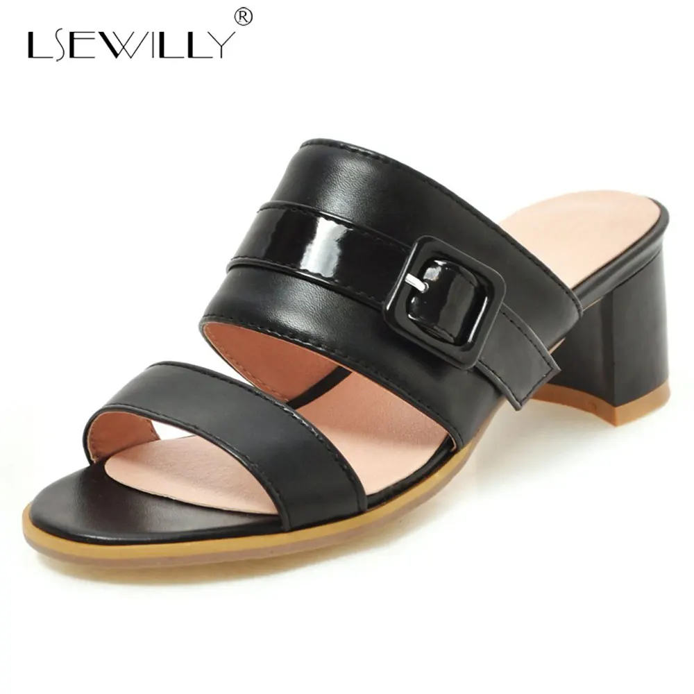 

Lsewilly 2019 women sandals square heels slip on buckle ladies sandals fashion summer shoes soft pu leather female shoes E839