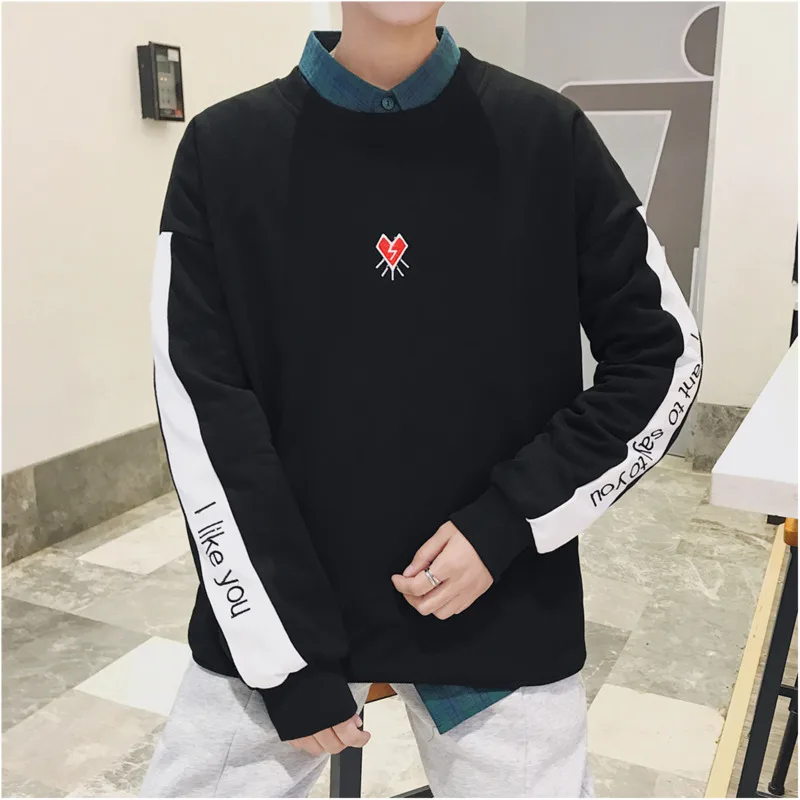 

2019 Spring And Autumn New Hong Kong Style Color Matching Pullover Loose Round Neck Wild Hoodie Men's Shirt Black / Pink S-2XL