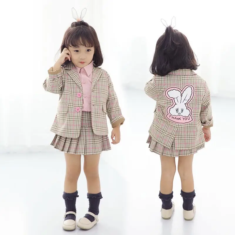 

2019 Autumn Baby Girl Clothing Set 2pcs Cartoon Bunny Jacket+Skirt Children Plaid Suit Blazer Kids Outfit Girls Clothing CLS274