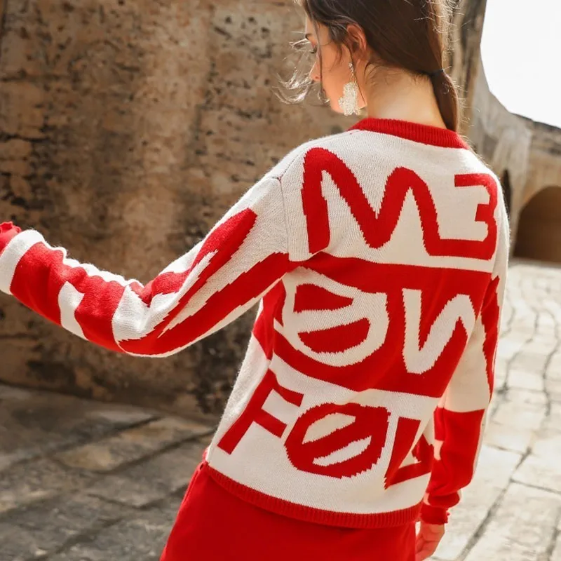 Autumn And Winter Red Sweater Female 2018 New Round Neck Long-sleeved Wooden Ear Letter Loose Pullover Women Upper Garment HJ86