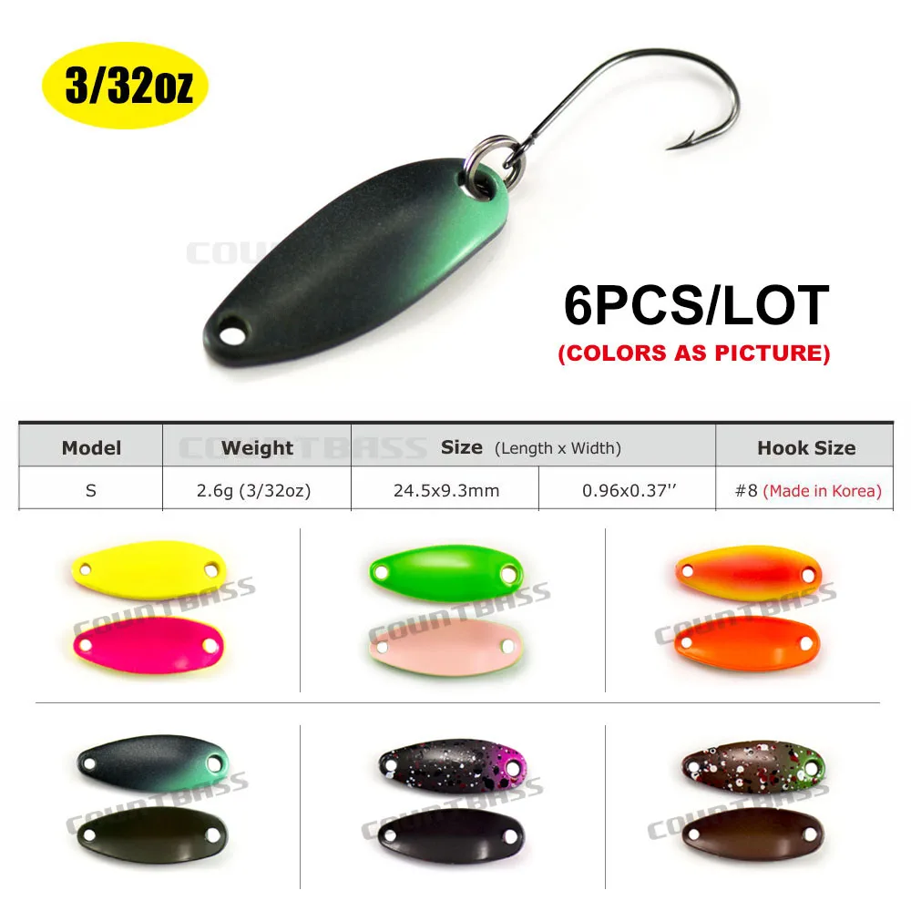 6pcs Countbass Micro Fishing Spoon With Korean Single Hook, Size 3/32oz