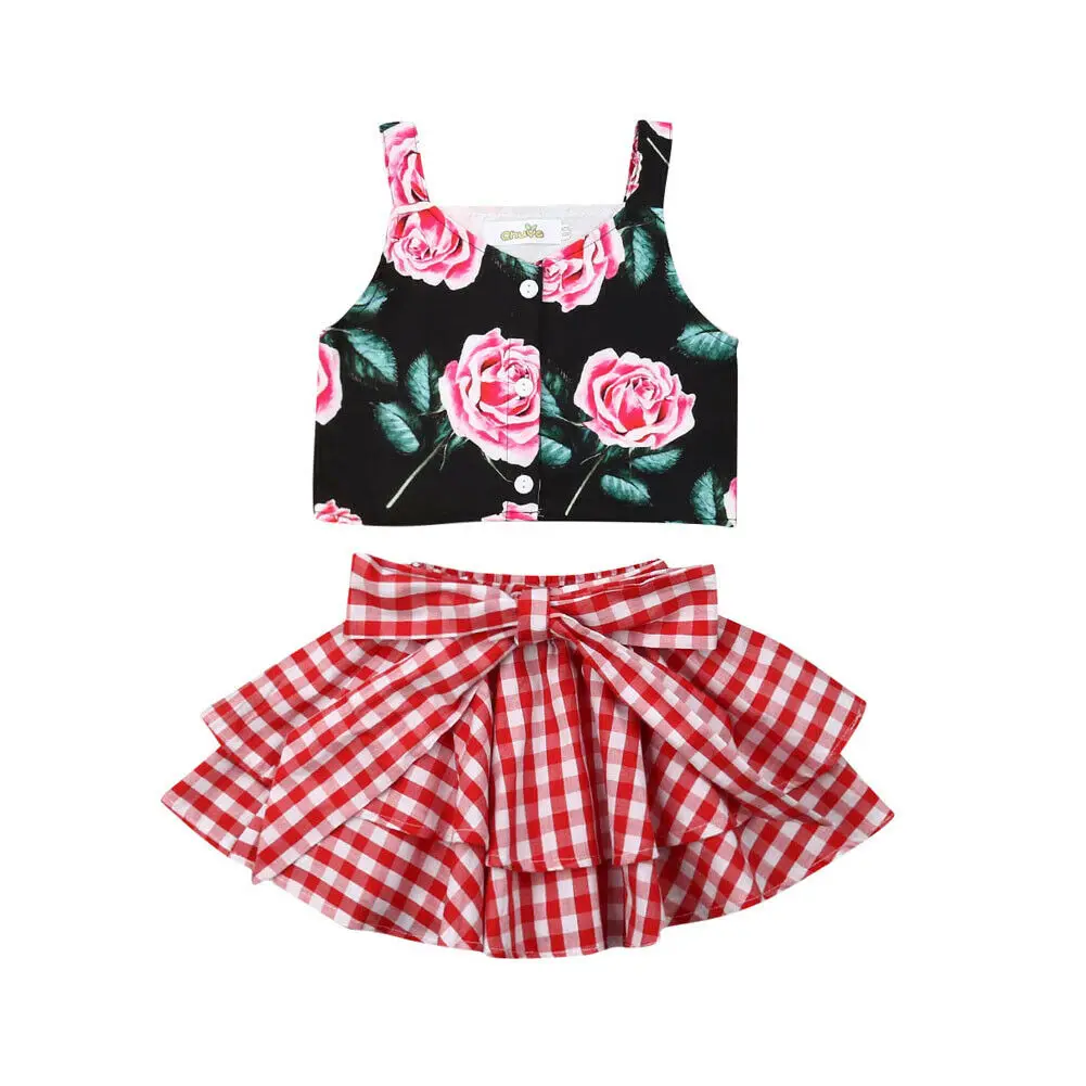 

2019 Summer Kids Bodysuit Toddler Kid Baby Girl Clothes Strap Tops Plaid Summer Outfits Set 1- 6 Y
