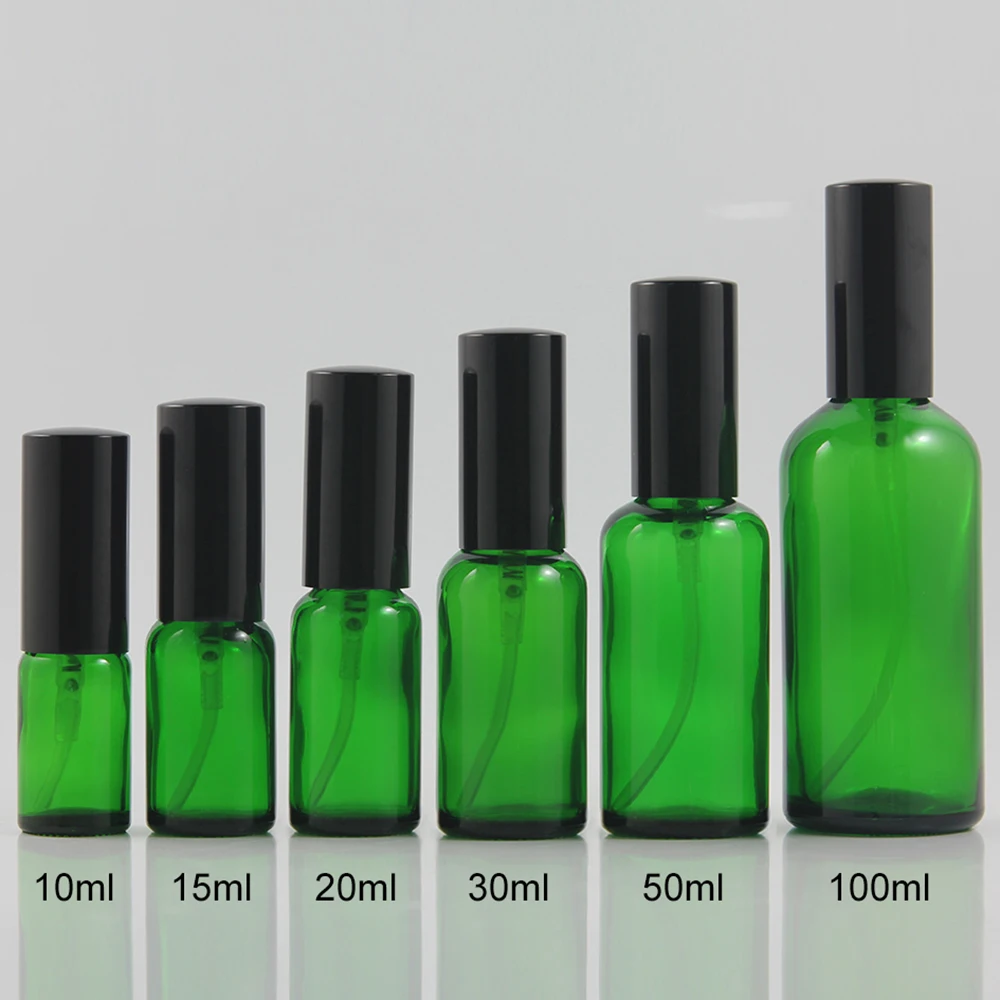 

wholesale spray bottles with mist pump 20ml green round glass bottle for perfume personal containers